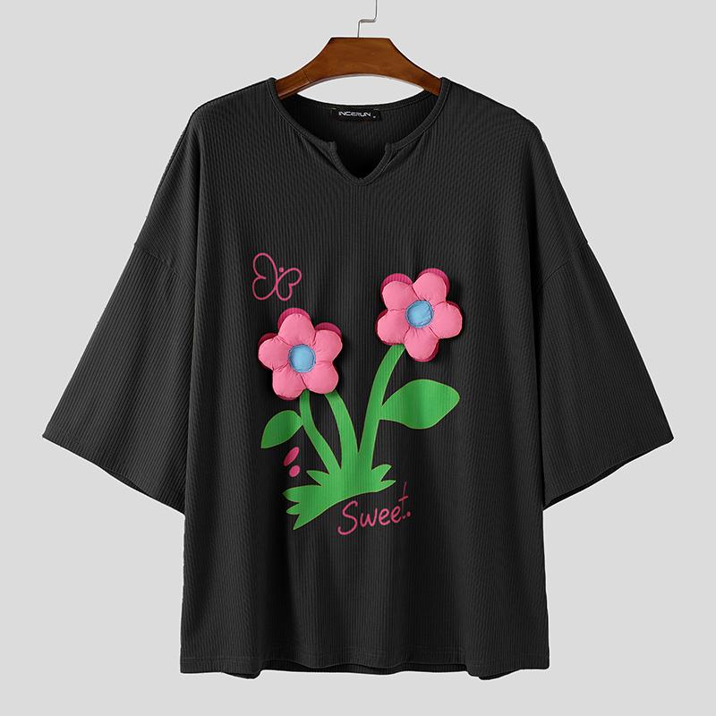 INCERUN Oversized Men Round Neck Short Sleeve 3D Flower Print Stitching Casual Rib T-shirts Tops