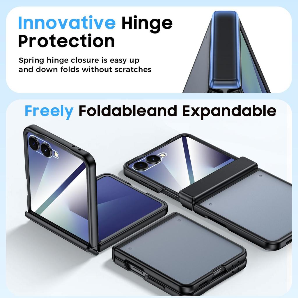 Translucent Matte Protective Case with Tempered Glass Screen Protector for Samsung Galaxy Z Flip 7, Hinge Protection Slim Cover-Black