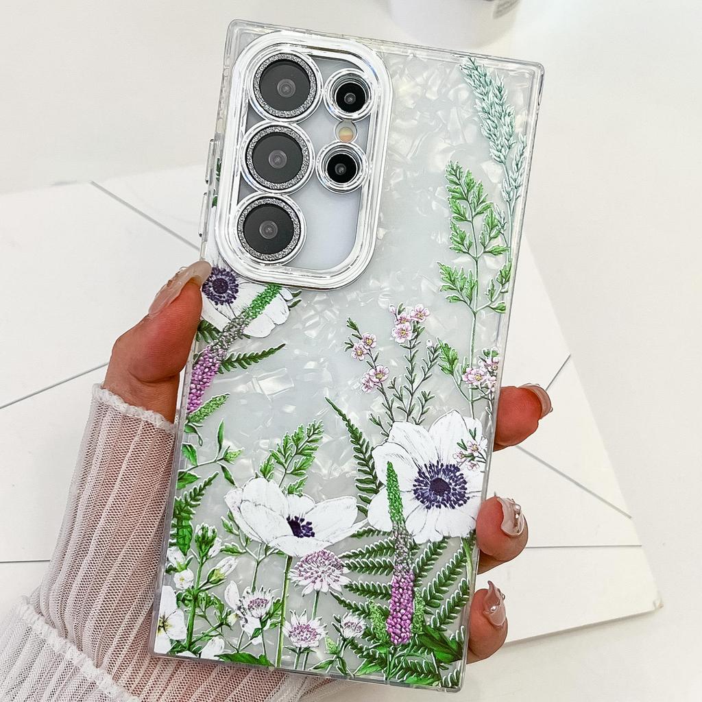 Samsung S25 Ultra Floral & Grass Lens Film Case - Full Coverage for S24 & A56, with Bracelet-style Protective Case