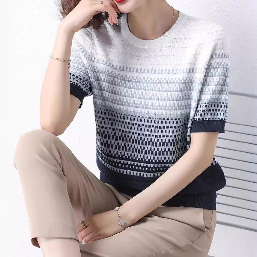 Women's Ice Silk Striped Short-Sleeve T-Shirt, Summer 2023 Style, Belly-Covering Top for Middle-Aged Mothers