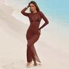 New European American Style Slim Fit Sheer Mesh Long Dress, See Through Long Sleeve Maxi Dress for Beach Wear, Casual Layering Dress