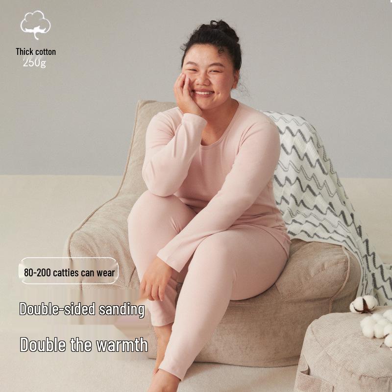 Women's Plus Size Double-Sided Flannel Underwear Set - Pure Cotton, Thick Round Neck Base Layer for Autumn and Winter