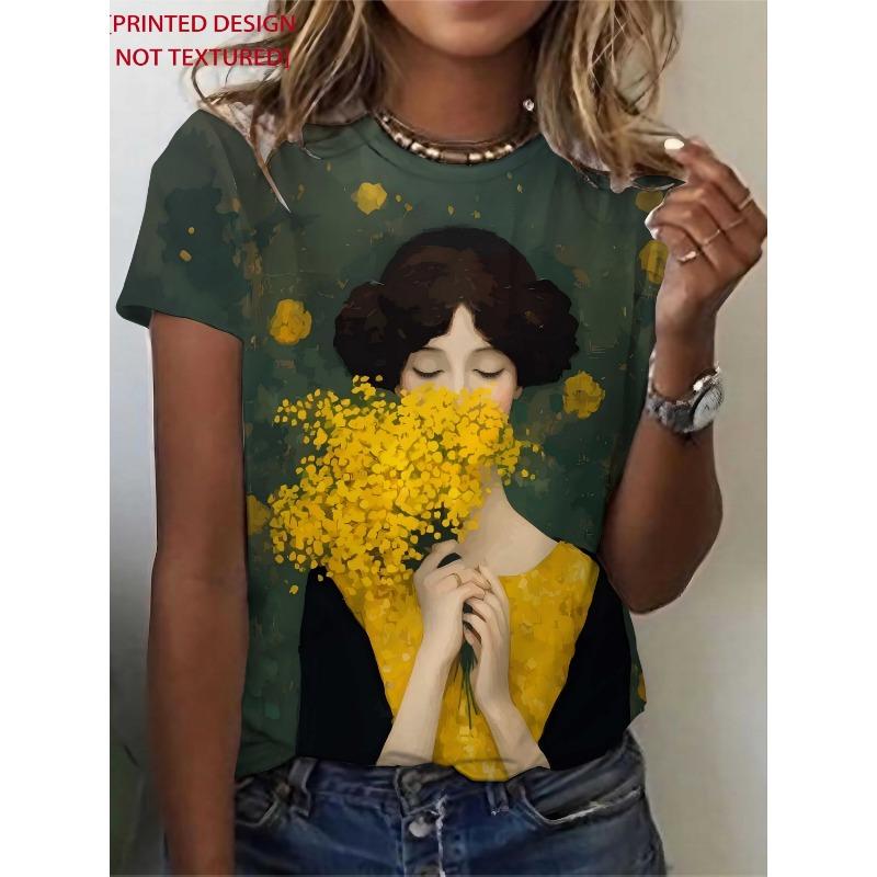 Retro oil painting style yellow flower girl printed T-shirt S
