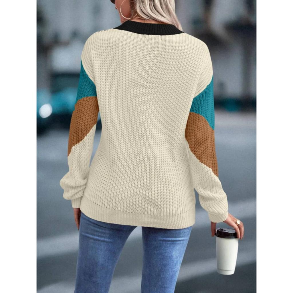 Color Block Rundhalspullover, Eleganter Langarmpullover für Herbst & Winter, Damenbekleidung