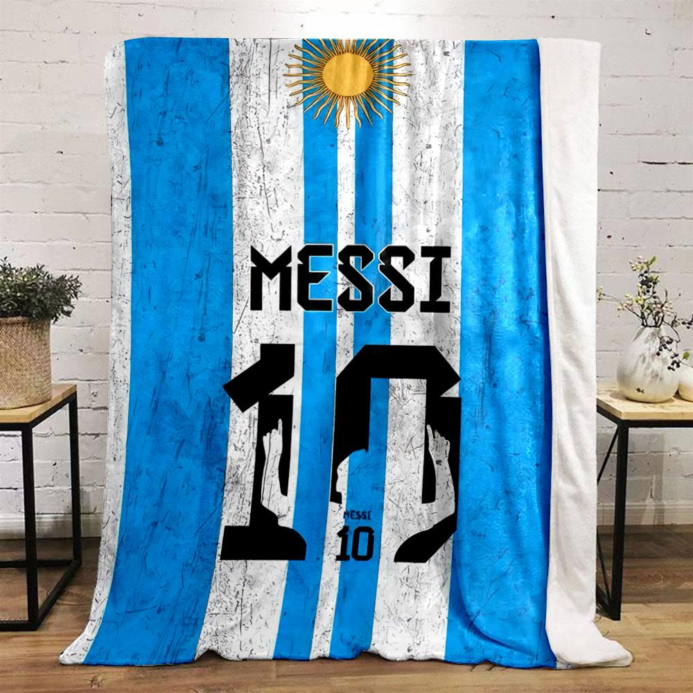 Strisce verticali blu e bianche, emblema del sole, testo "Messi", design numero 10. coperta per tutte le stagioni coperta per pausa pranzo regalo