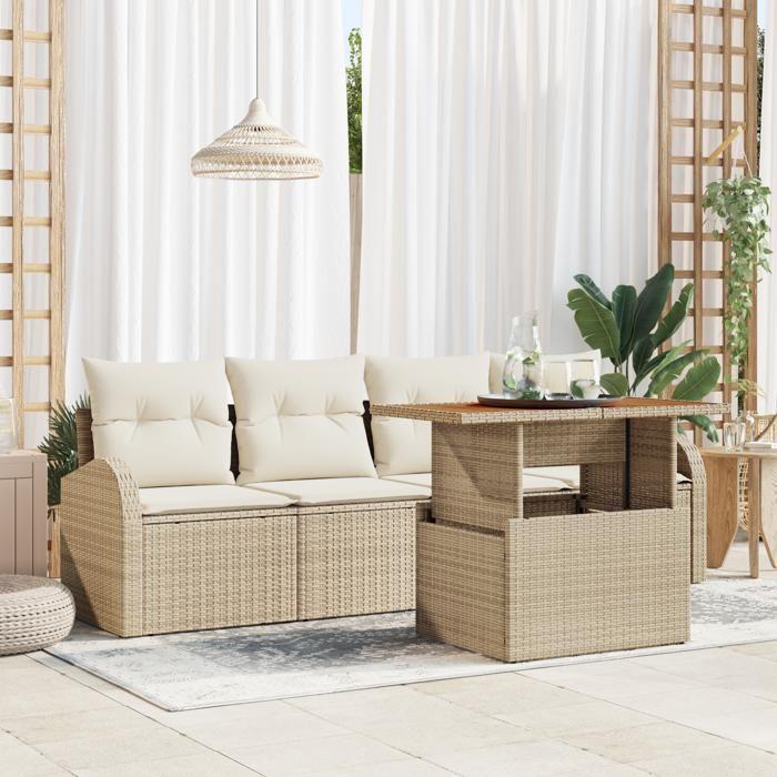 VidaXL Ensemble de salle à manger de jardin de 5 pièces avec coussins Beige Poly Rotin Acacia 3349518