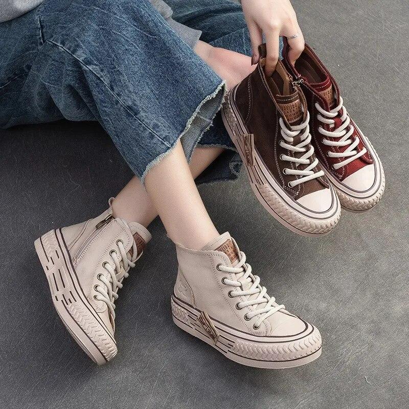 Johnature Spring Genuine Leather Women Flat Shoes Lace-up Handmade Leisure Comfortable Thick Soled Shoes