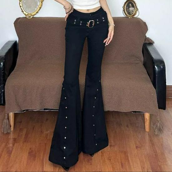 High-Waisted Black Slimming Micro-Flare Jeans with Belt - Versatile Women s Casual Pants Large