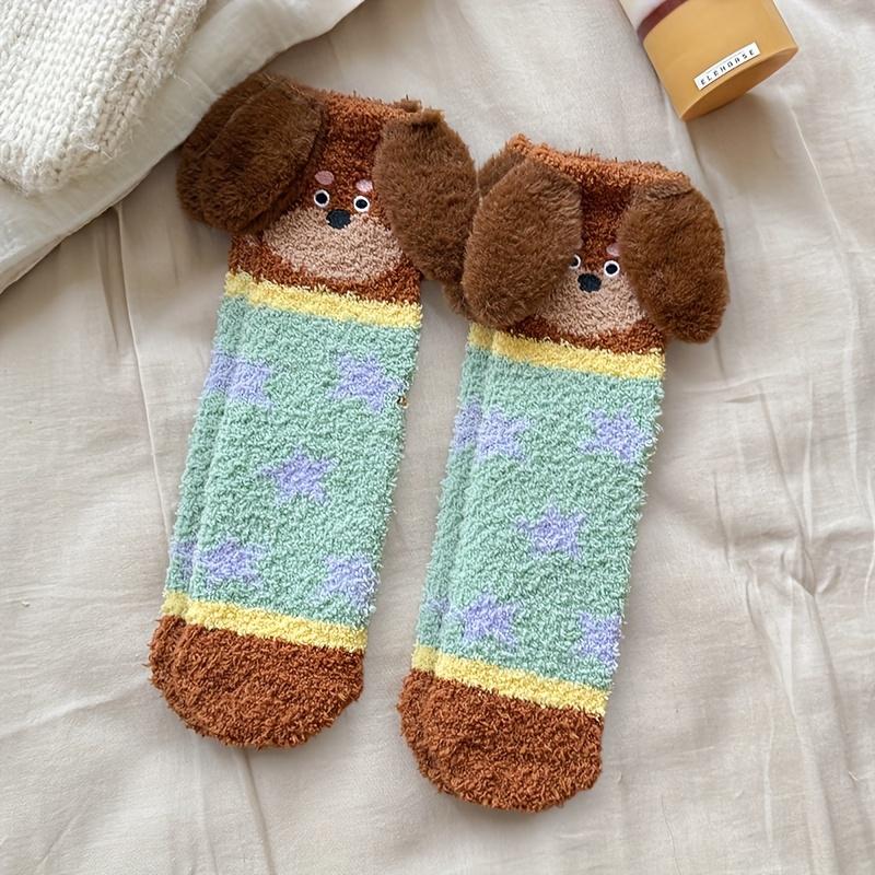 2 Paar kuschelige Plüsch-Dackel-Socken - Dicke warme Winter-Unisex- und -ähnliche weiche Pyjama-ähnliche Wadenhohe Socken mit süßem Dackel-Ohren- und Schwanz-Design