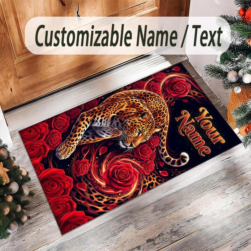Leopard Theme Crystal Velvet Floor Rug Personalized Custom Name Text Warm Carpet Home Decoration