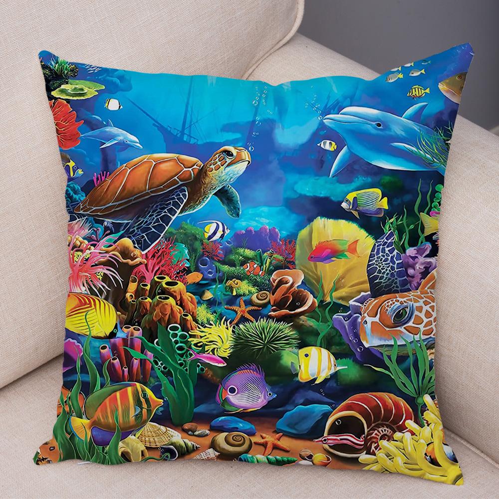 Marine Turtle Dolphins Shark Cushion Cover Short Plush Decor Colorful Ocean Animal Pillowcase Pillow Case for Sofa Home Car