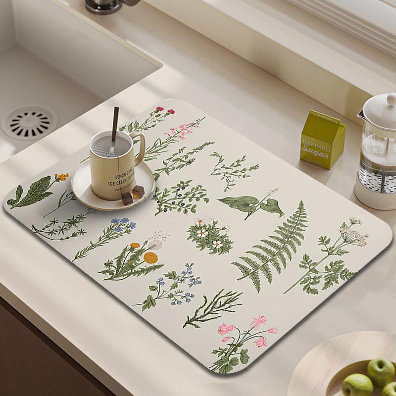 Floral Diatomaceous Earth Countertop Drying Mat - Absorbent, Quick-Drying, Heat-Resistant, Easy-to-Clean, Dustproof Oven Placemat.