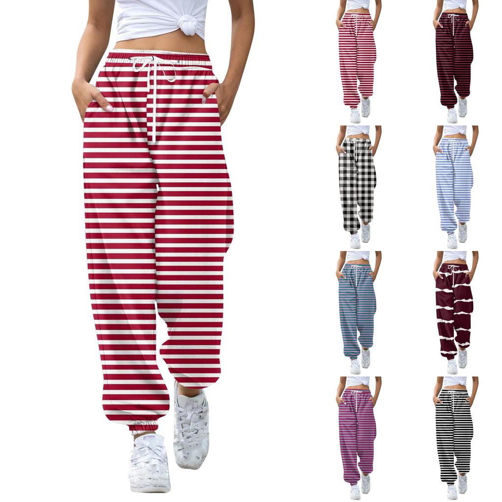 Women's Casual Striped Sweatpants with Drawstring Elastic Waist and Cuffed Hem