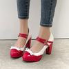 FOREADA Women Mary Janes Pumps Round Toe Glove Shoes Thick High Heels Lolita Buckle Mixed Colors Bow Ladies Fashion Shoes Spring Autumn