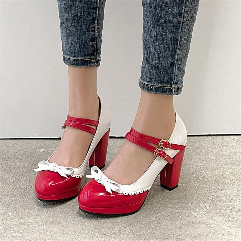 FOREADA Women Mary Janes Pumps Round Toe Glove Shoes Thick High Heels Lolita Buckle Mixed Colors Bow Ladies Fashion Shoes Spring Autumn