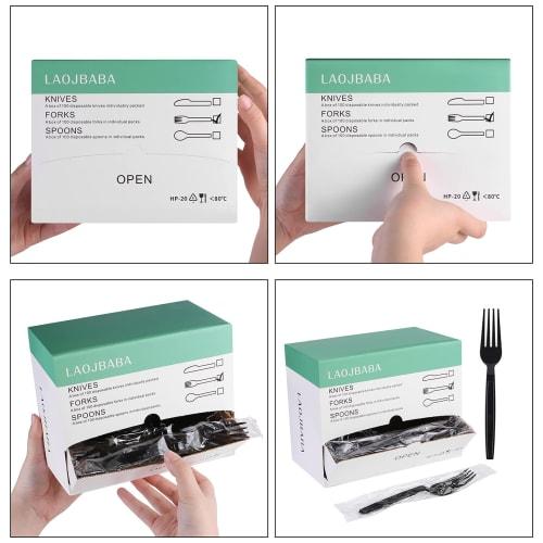 Laojbaba Disposable Plastic Forks, Individually Wrapped, Black, 7-inch, for Commercial Use, Takeout, Extra Hard, Heavy-Duty, Individually Wrapped, 100