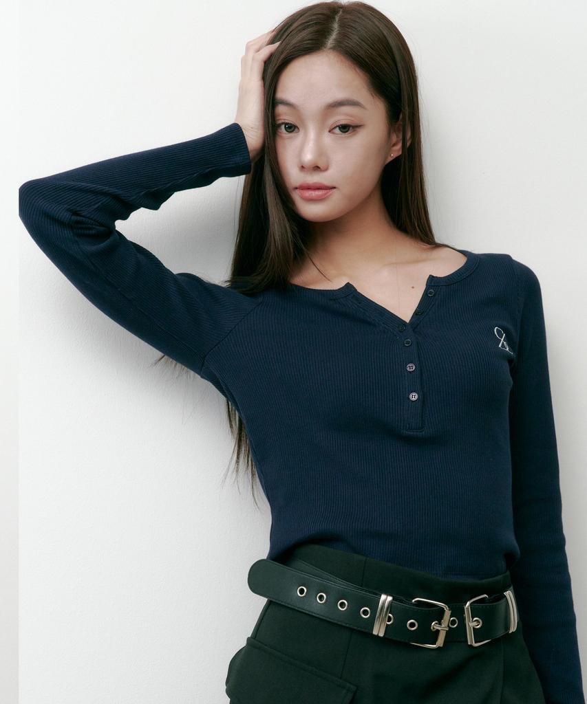 Solteuaenchokollis Ribbed Henley Neck Long Sleeve T-Shirt Navy 4W2511001