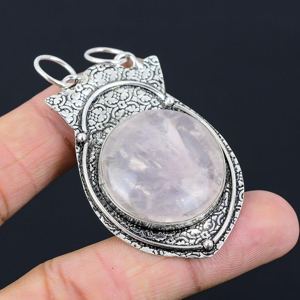 Anniversary Gift For Her Natural Rose Quartz Gemstone Pendant 925 Silver
