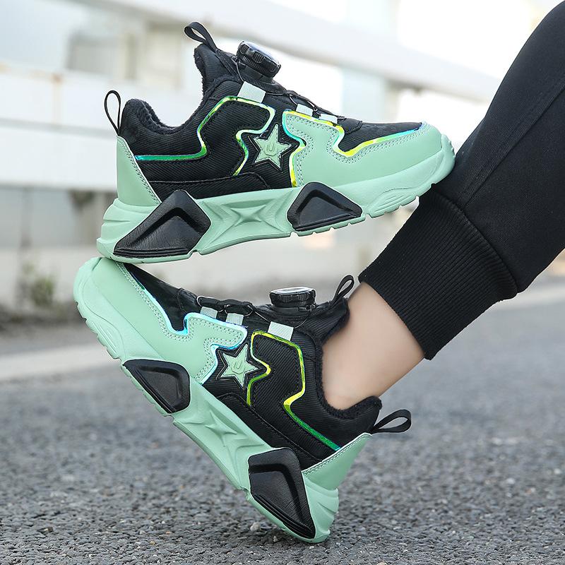 Children's 2025 winter outdoor sports shoes boys two cotton rotating button warm shoes medium older girls running shoes