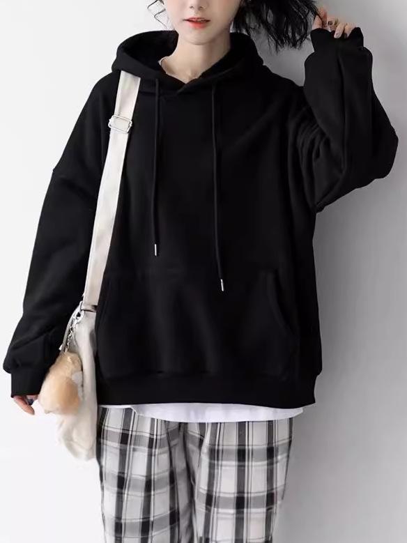 Black Solid Color Hooded Sweatshirt for Women - Korean Style, Loose Fit, Casual, Versatile, Plus Velvet Jacket for Autumn/Winter.