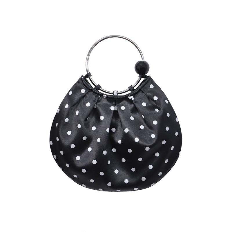 

Vintage Polka Dot Ruched Hobo Bag For Women Metal Ring Handle Drawstring Pouch Bag Satin Clutch Handbag For Dating Crossbody Bag чёрный