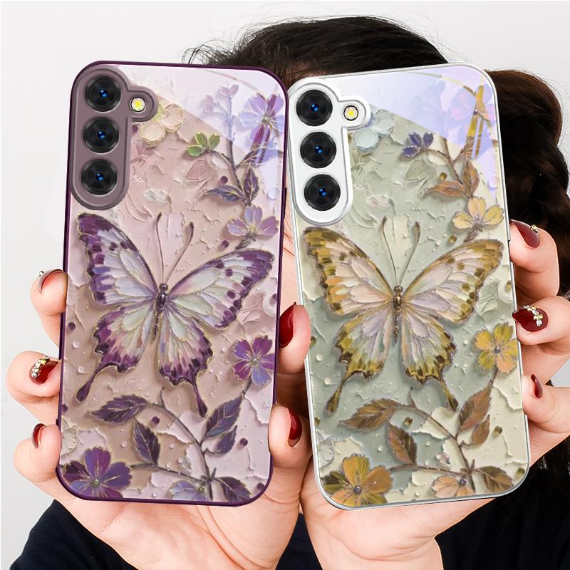 Elegant Pink Butterfly For Samsung S26 S22 S8 S9 S10 S20 Ultra S21 Pro S22 Plus S23 FE S24Ultra S25 Edge S24+ Glass Phone Case
