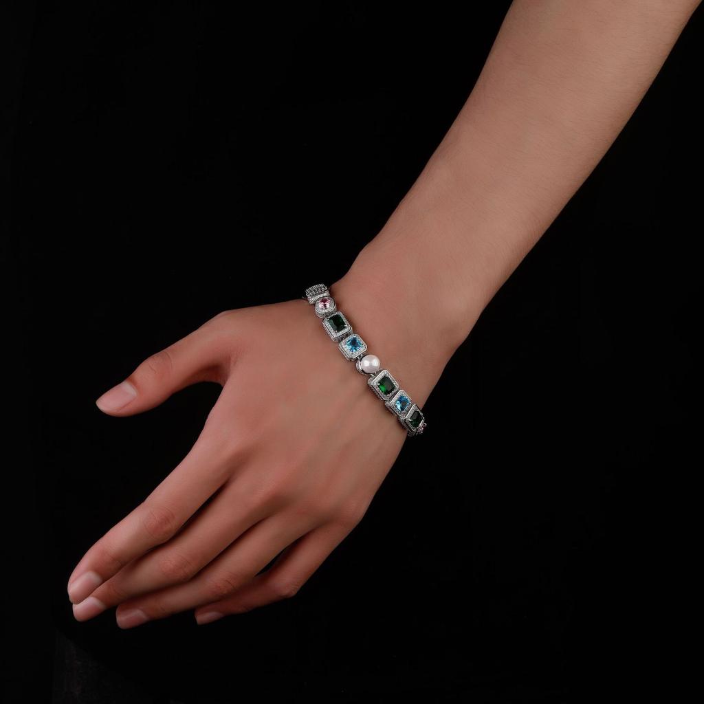 Stylish Colorful Square Rock Sugar Chain 10Mm Full Of Sparkling Zircon Pearl Bracelet Hip Hop Necklace