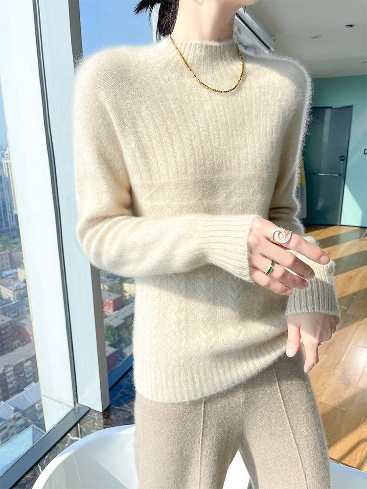 Women's 100% Pure Wool Thick High-Neck Cable Knit Sweater