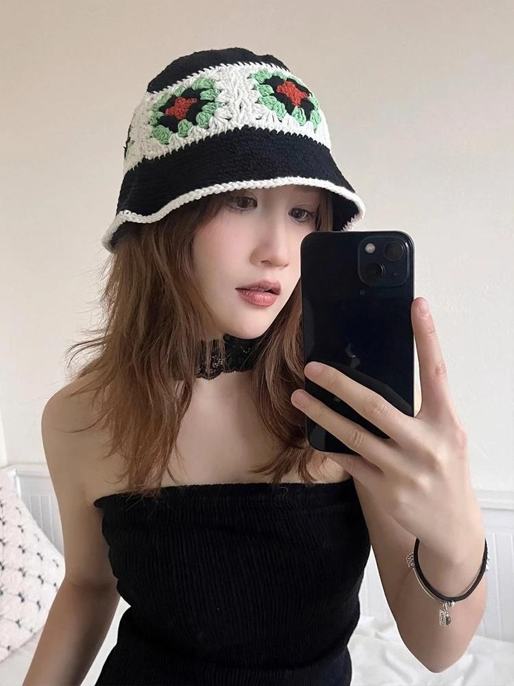 

Y2K Korean-Japanese Hand Bucket Crochet Bucket Hats For Women Spring Autumn Winter Sun Cap Female Bow Designer Bob Basin Gorro M 56-58CM