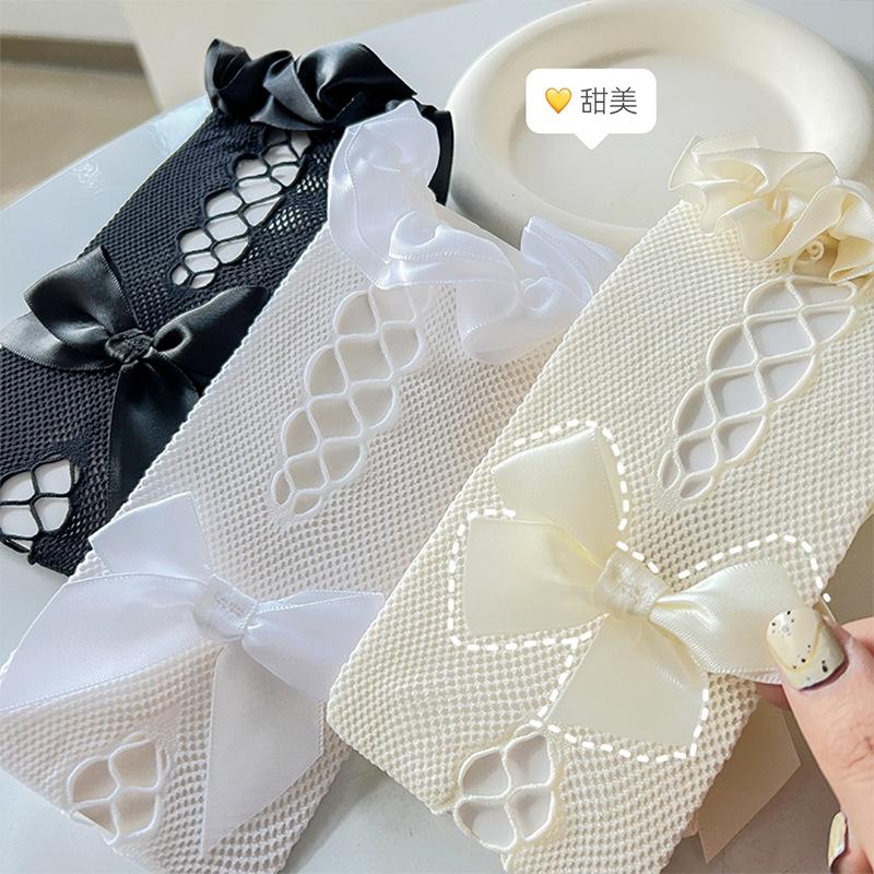 Socks women's medium tube socks summer thin hollow ribbon bow lace socks lolita jk socks