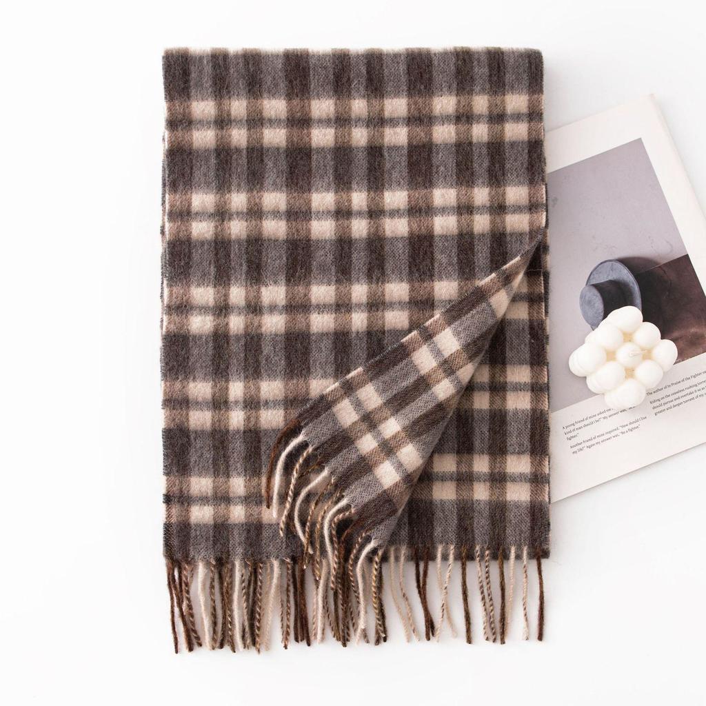Women's 100% Wool Plaid Scarf - Korean Style, Autumn/Winter 2025, Long Tassel Shawl, Cold-Proof and Warm