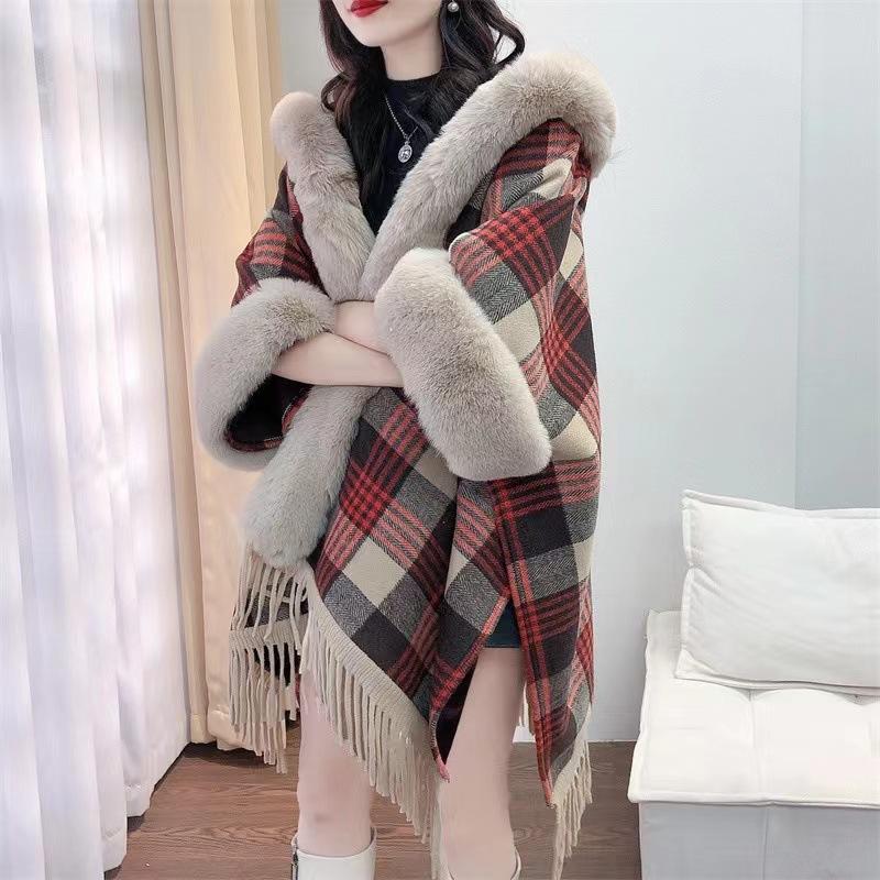 Plášťový šál Kostkovaný fleecový límec Plyšový se zahuštěným střapcem Pletený šál Velká vlněná bunda 0859