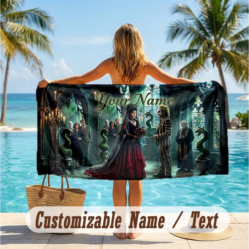 Custom Text Beach Towel, Soft Absorbent Swimming Multi-use TowelBeetlejuice Lydia Deetz
