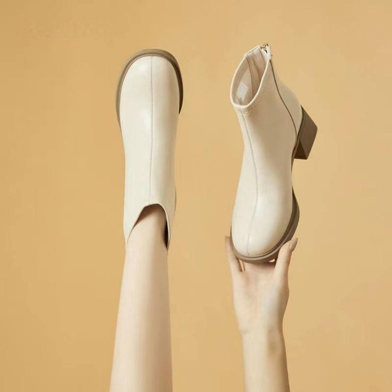 Soft leather short boots women's square head thick heel new autumn and winter single boots medium heel French white soft leather thin boots women