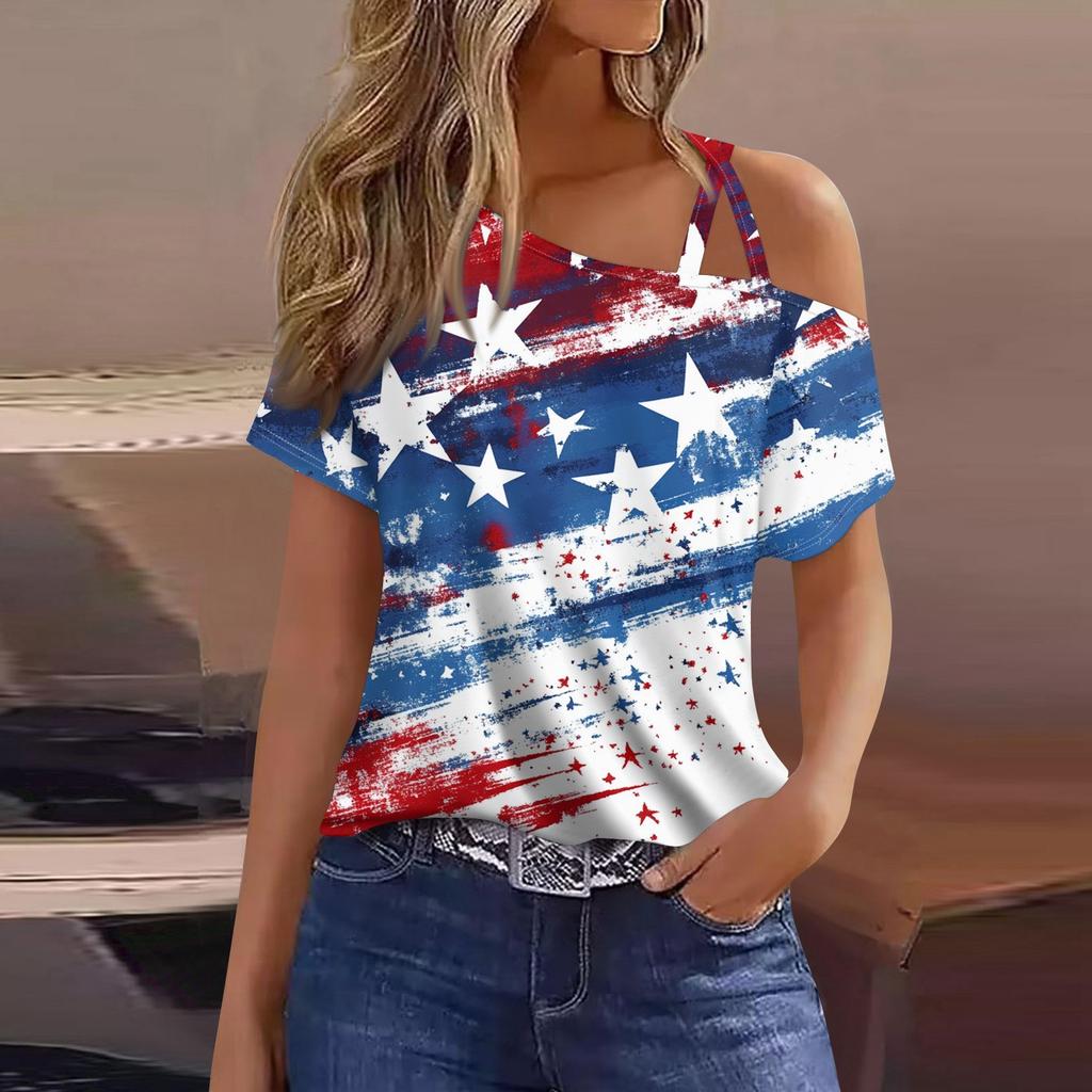 Women's Fashion Casual Independence Day Print Sexy Cold Shoulder Short Sleeve T-shirt Top