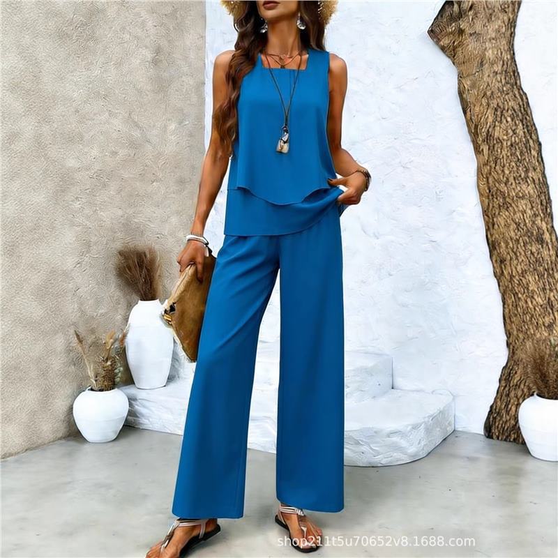 Bohemian women's sleeveless suit is suitable for daily wear, vacation sleeveless suit, spot solid color premium