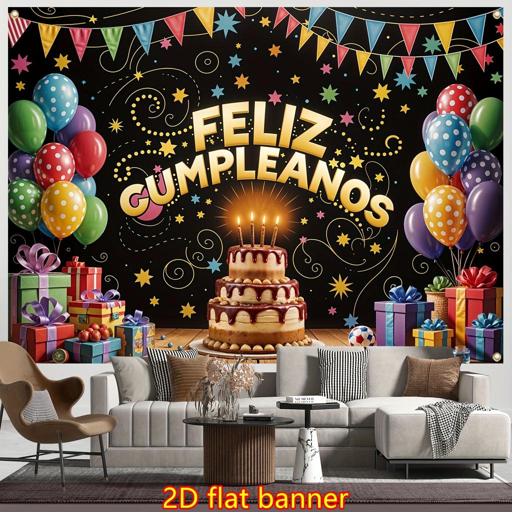 2D Flat Banner, 1 Piece - Spanish Birthday Banner - Colorful Balloons, Flags, Cake and Gift Design
