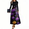 Women's Fashion Casual Belted Long Sleeve Round Neck Halloween Printed Elegant Temperament Dresses