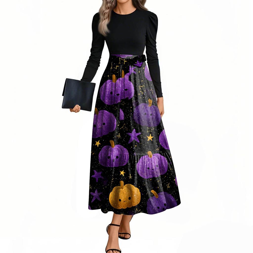Women's Fashion Casual Belted Long Sleeve Round Neck Halloween Printed Elegant Temperament Dresses