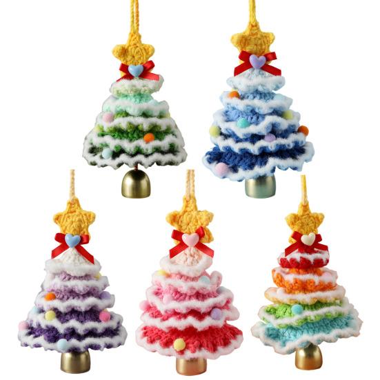 Handmade Mini Knitted Christmas Tree Ornament Multi-Layered Crochet Snow Flocked Tree with Gold Bells