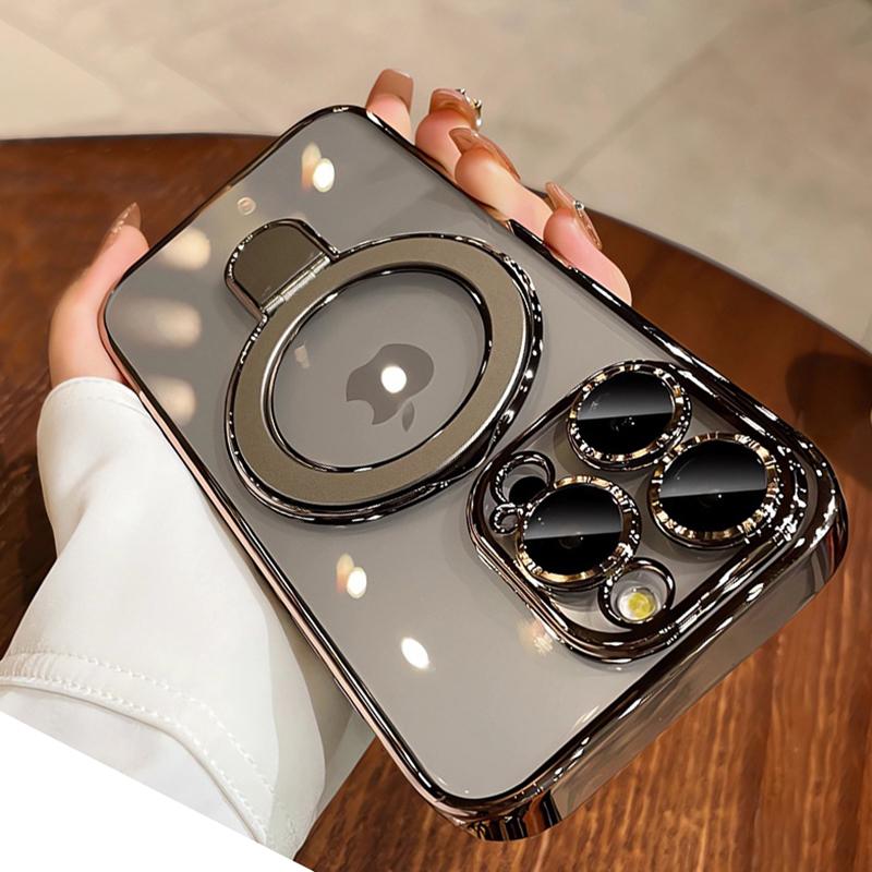 Transparent Plating For Magsefa Case For iPhone 16 15 14 13 12 11 Pro Max 14 15 16 Plus Wireless Charging Ring Stand Phone Cover
