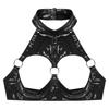 Womens O Ring Halter Crop Top Open Cup Underwire Bra Rivet Detail Wet Look Clubwear