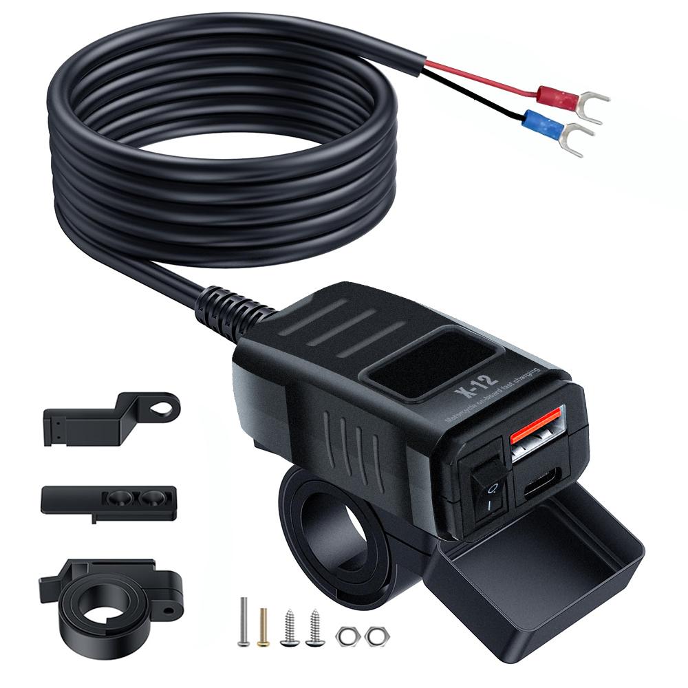 Motorbike Motorcycle Charger Socket Waterproof Power Adapter with Switch Voltmeter Voltage Display PD QC3.0 Fast Charger