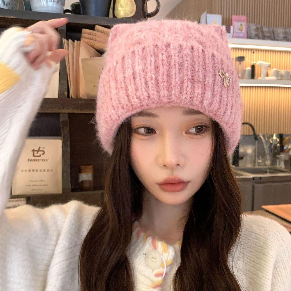 Japanese  Style Woolen Knitted Hat Solid Color Women Beanie Hat Cat Ears Pullover Hat  Girls