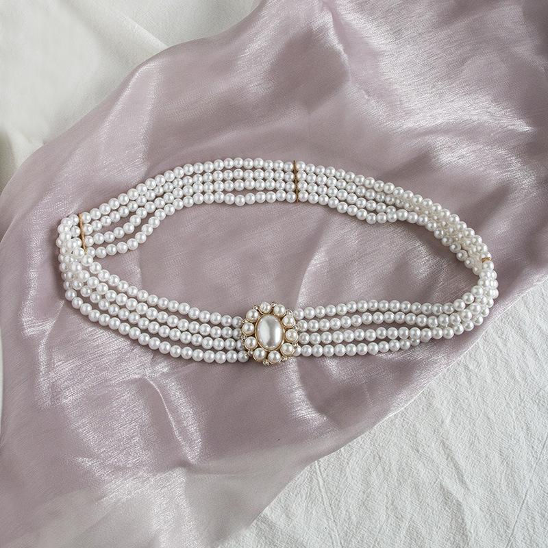 Spring and Summer Pearl Waist Chain Women's Decorative Belt with Dress Thin Elastic Waist Seal Versatile Korean Version Sweet and Elegant