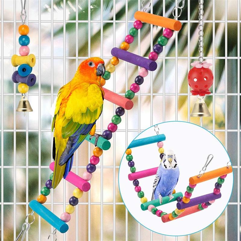 Bird Parakeet Toys 1 Set Of 11Pc Swing Hanging Standing Chewing Toy Hammock Climbing Ladder Bird Cage Colorful Toys