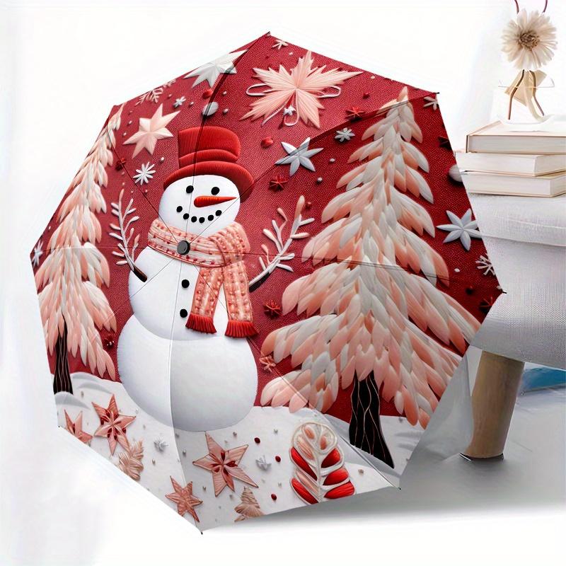 Snowman, Winter Wonderland Themed Automatic Opening and Closing Umbrella Creative Design Umbrella, Portable Tri Fold Small Umbrella for Me