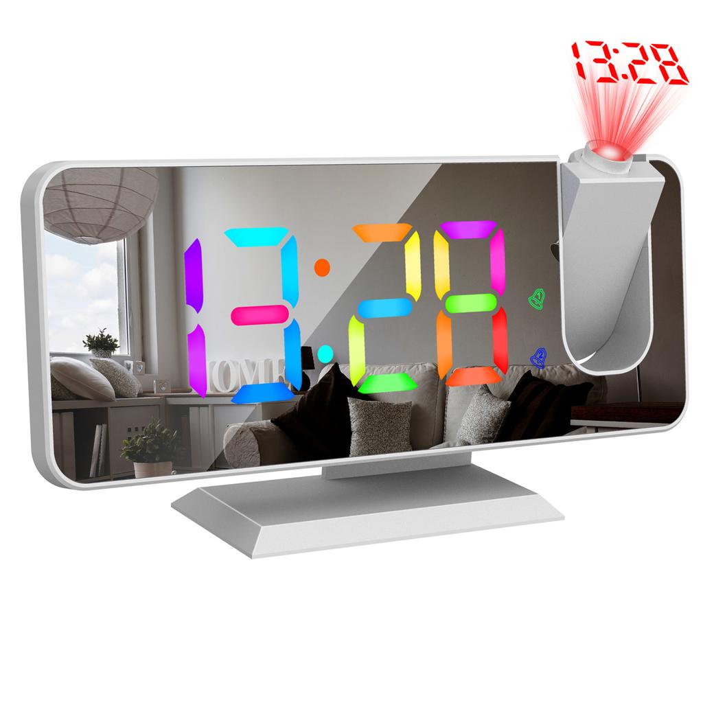 Digital 180 degrees Projection Alarm Clock with Dynamic RGB Light Brightness Snooze Dual Alarm Setting USB Port Mirror Clock for Be