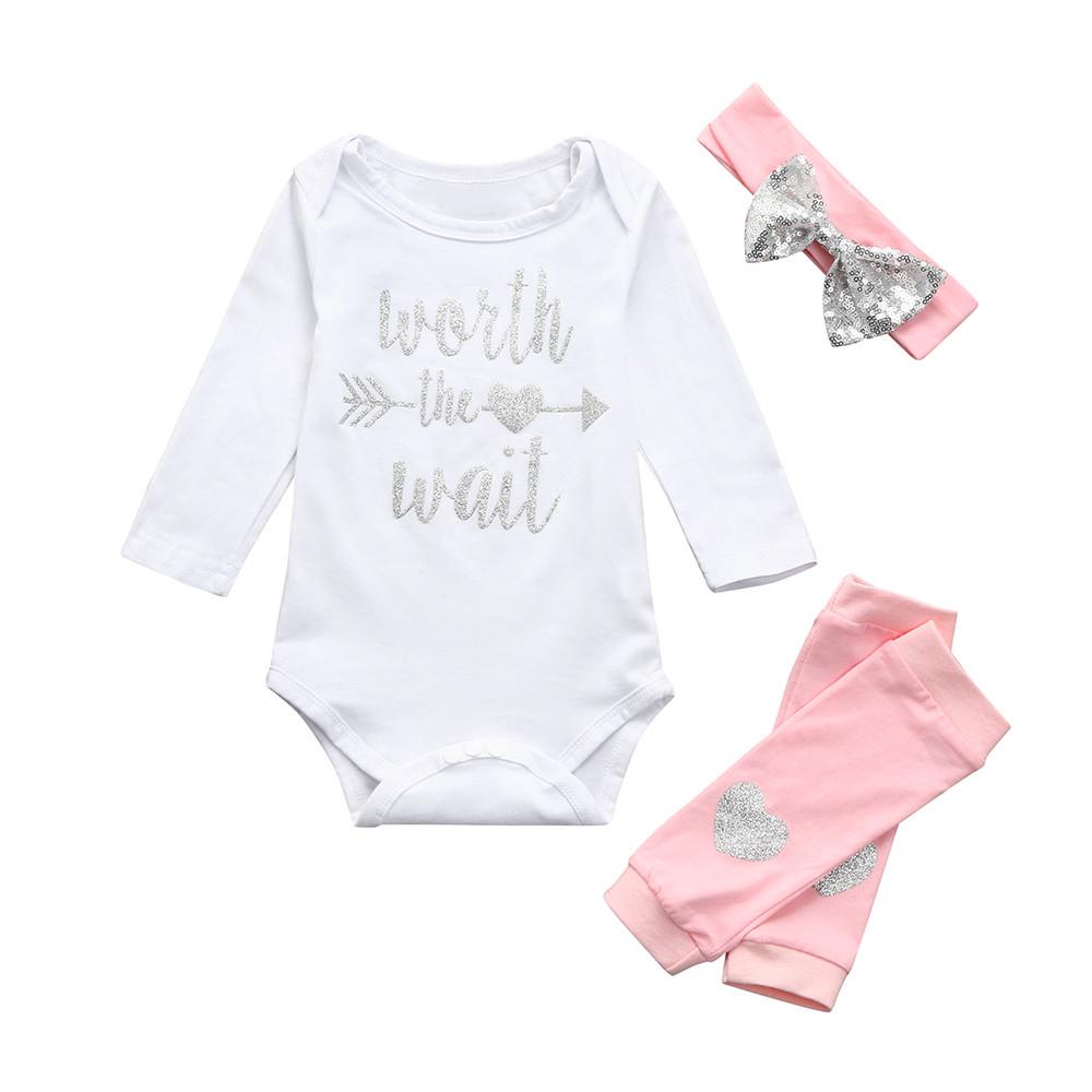 Novorozenecká kojenecká dívčí kombinéza Legíny Letter Romper 3ks Outfits Set