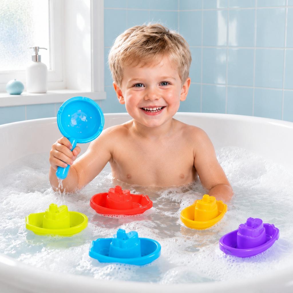 7 Piece Bath Toy Set with Floating Boats and Water Scoops for Toddlers and Infants Durable Plastic Construction for Water Play